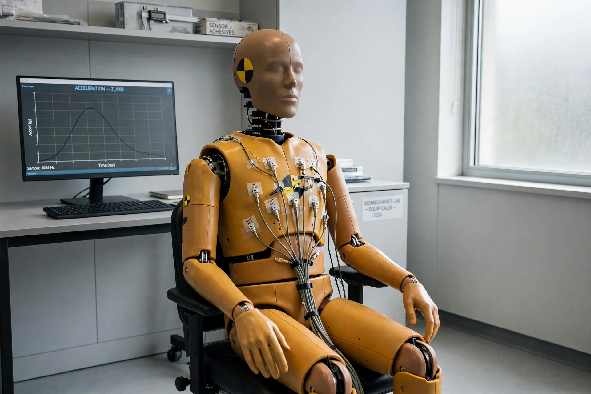 Instrumented crash test dummy in the biomechanics laboratory