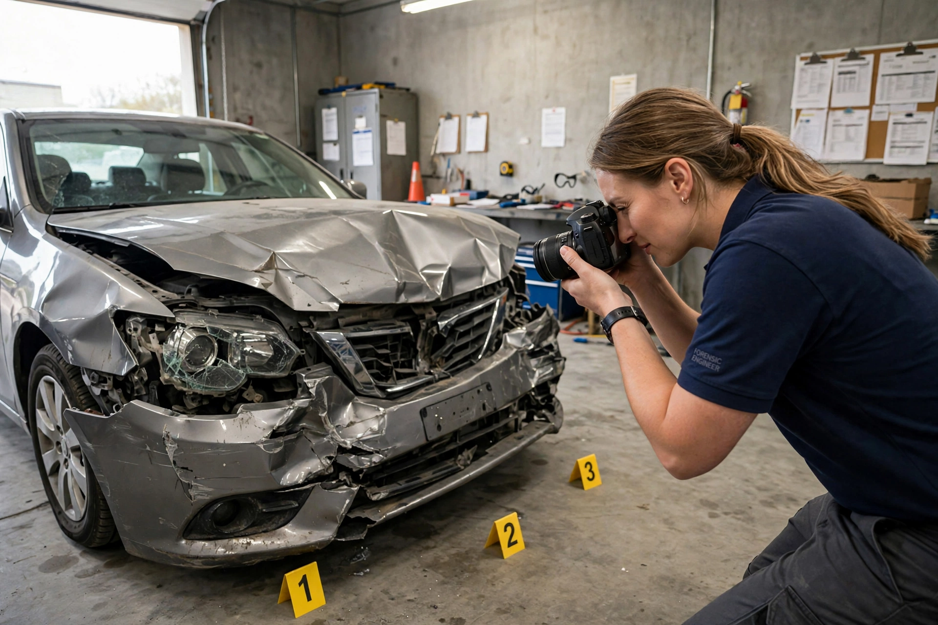 Forensic engineer laser-scanning a crash-damaged vehicle