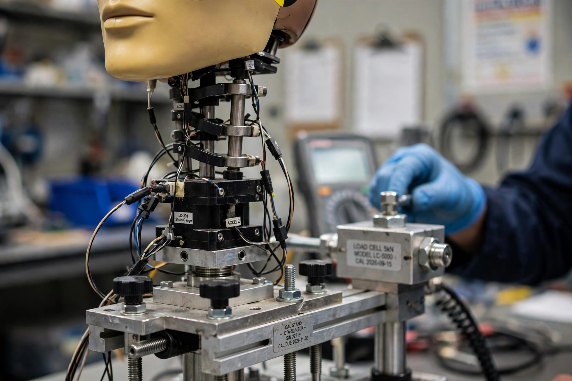 Biomechanics laboratory with instrumented crash dummy