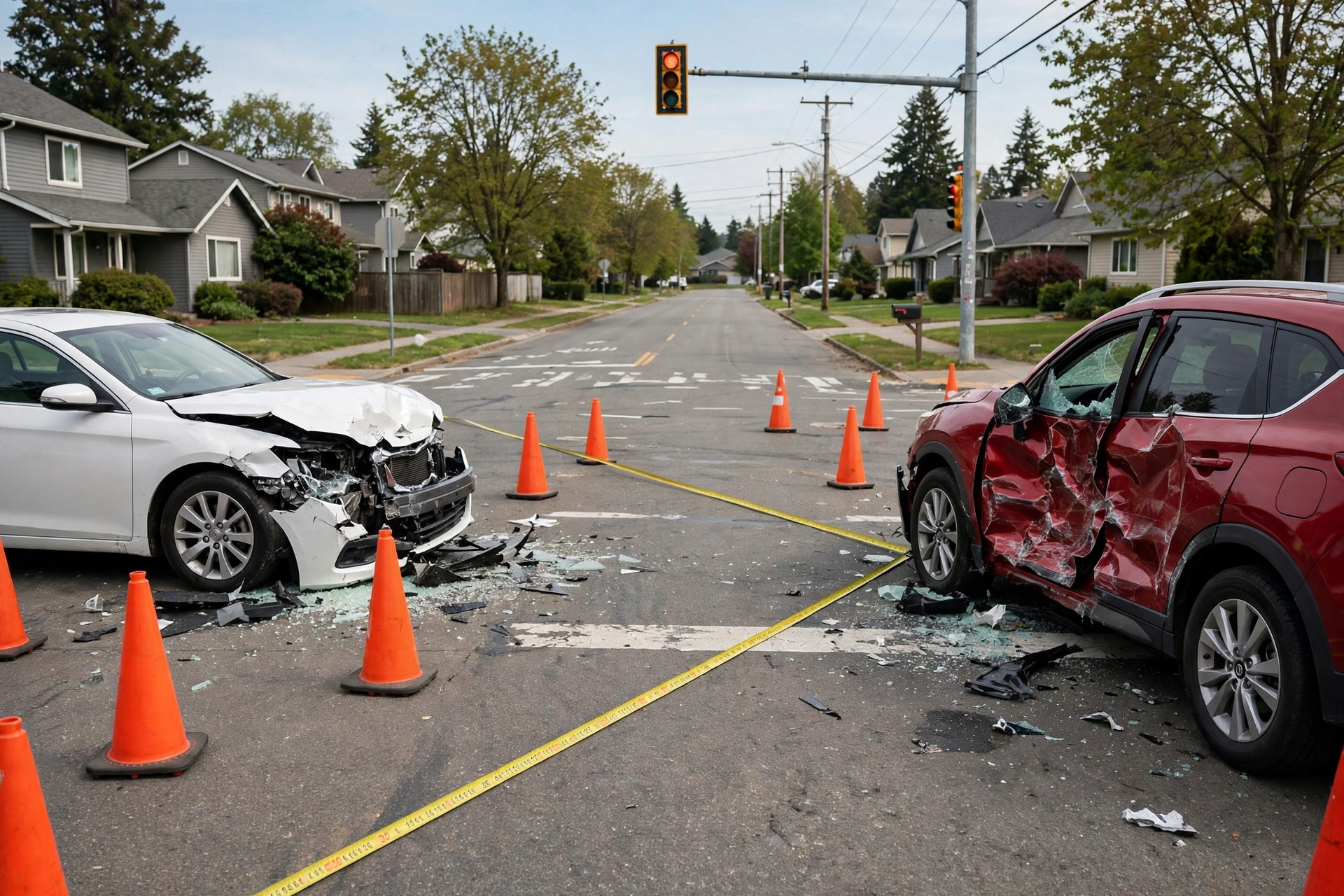 Collision scene with skid marks at dusk